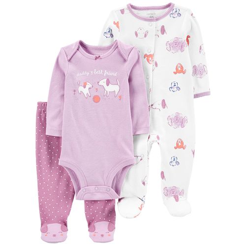 Carter´s Set 3 Piezas Osito-Pijama Body Mangas Largas Pantalon Cachorros