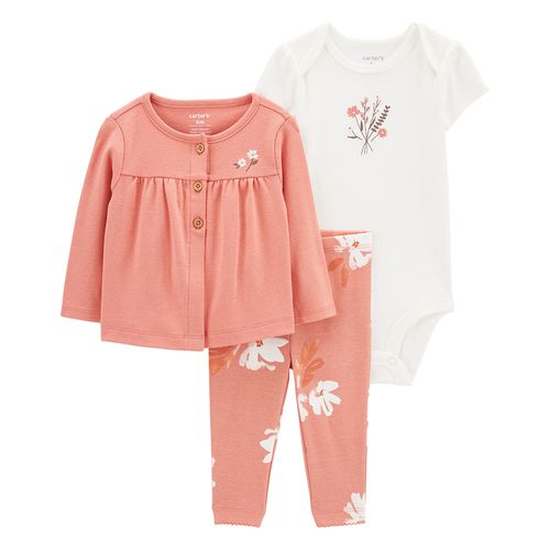 Carter´s Set 3 Piezas Body Mangas Cortas Cardigan Pantalon Flores