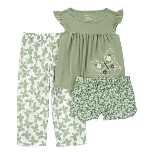 Carter´s Set 3 Piezas Pijama Algodon Remera Mangas Cortas Volados Pantalon Short
