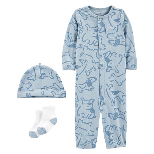 Carters Set 3 Piezas Osito-Pijama Broches Gorro Medias Perros Celeste