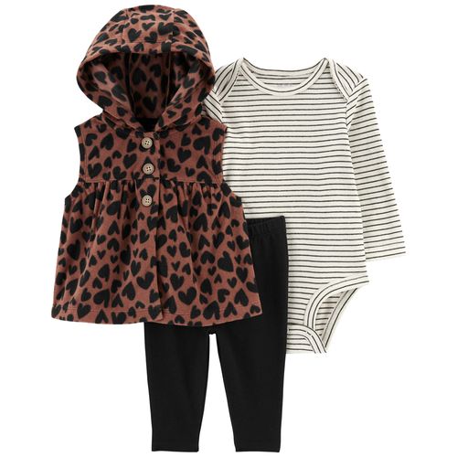 Carter´s Set 3 Piezas Chaleco Body Mangas Largas Pantalon Animal Print Corazones