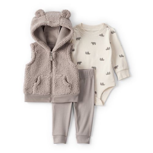 Carter´s Set 3 Piezas Body Mangas Largas Chaleco Sherpa Capucha Pantalon Ositos Marron