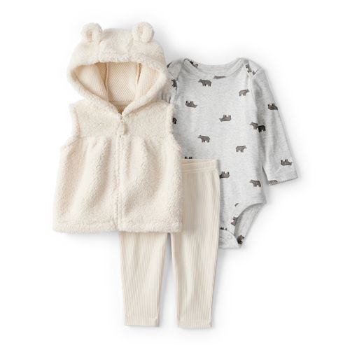 Carter´s Set 3 Piezas Body Mangas Largas Chaleco Sherpa Capucha Pantalon Ositos Blanco