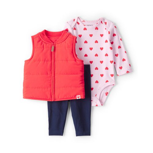 Carter´s Set 3 Piezas Body Mangas Largas Chaleco Puffer Pantalon Corazones